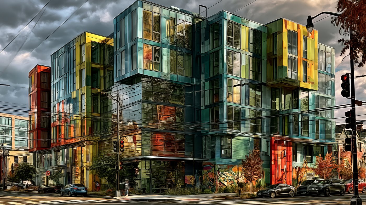 Stylized illustrative artwork of a DC infill multifamily building