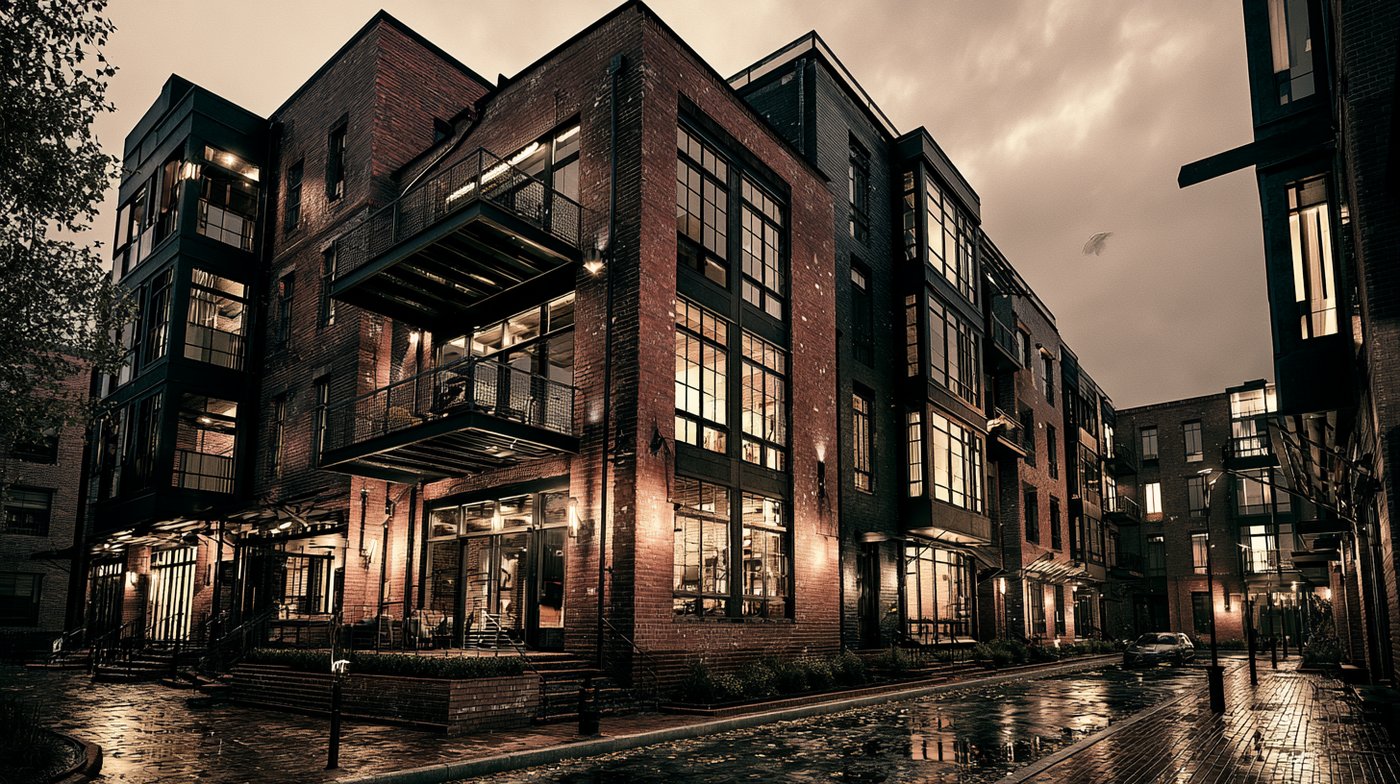 Artist's rendering of a brick multifamily building at dusk